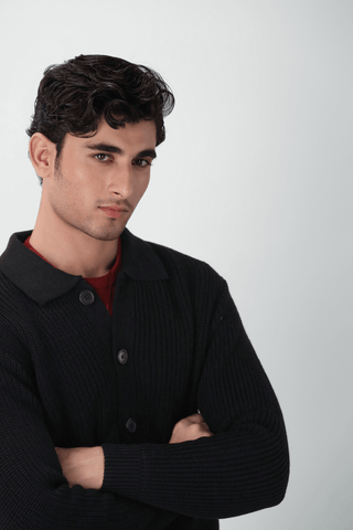 Cardigan Knitted Collared Jumper in Ink Black - AttirCARDIGAN