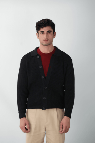 Cardigan Knitted Collared Jumper in Ink Black - AttirCARDIGAN