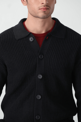 Cardigan Knitted Collared Jumper in Ink Black - AttirCARDIGAN