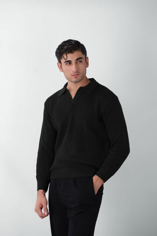 Chunky Knitted Polo Jumper in Black - AttirPOLOSWEATER