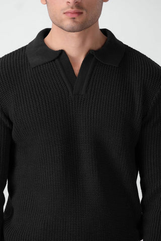 Chunky Knitted Polo Jumper in Black - AttirPOLOSWEATER