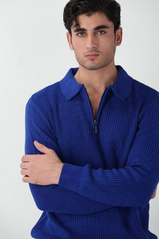 Chunky Knitted Polo Q - zip Jumper in Lapis Blue - AttirPOLOSWEATER