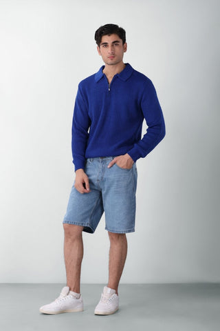 Chunky Knitted Polo Q - zip Jumper in Lapis Blue - AttirPOLOSWEATER