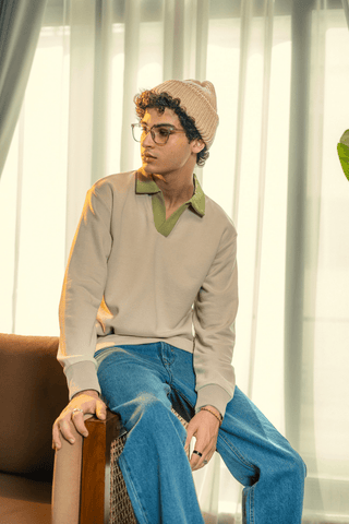 Contrast Collar Polo Sweatshirt in Matcha - AttirPOLOSWEATSHIRT