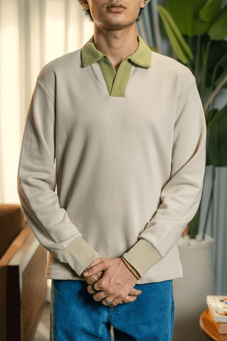 Contrast Collar Polo Sweatshirt in Matcha - AttirPOLOSWEATSHIRT