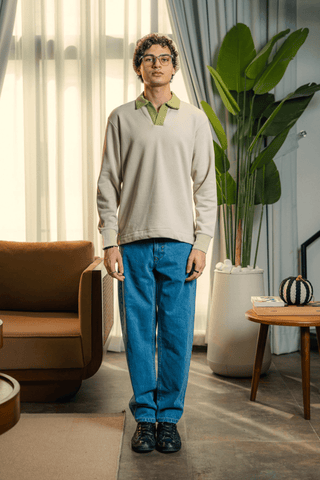 Contrast Collar Polo Sweatshirt in Matcha - AttirPOLOSWEATSHIRT