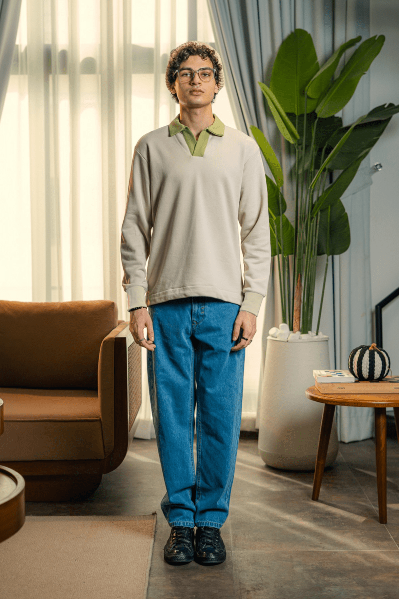 Contrast Collar Polo Sweatshirt in Matcha