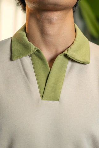 Contrast Collar Polo Sweatshirt in Matcha - AttirPOLOSWEATSHIRT