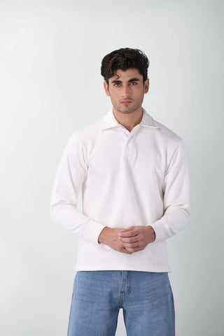 Cotton Polo Sweatshirt in White - AttirPOLOSWEATSHIRT