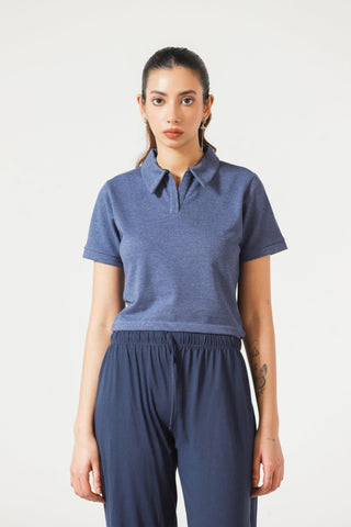 Cropped Polo Top in Blue Melange - AttirPOLO