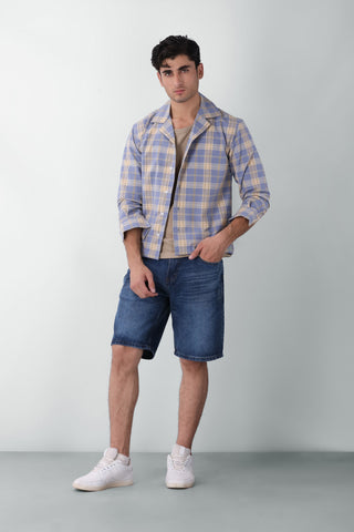 Boxy Fit Camp Collar Flannel Shirt in Blue