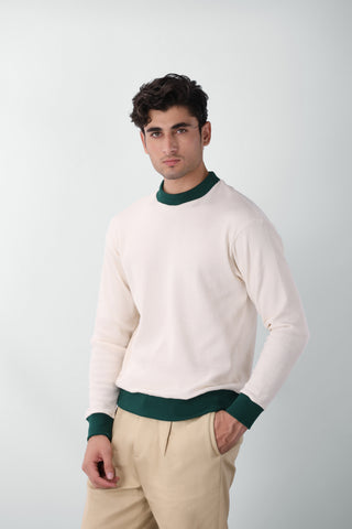 Waffle Textured Contrast Trims Sweatshirt in Green