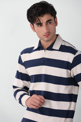 Striped Revere Collar Polo Jumper in Blue