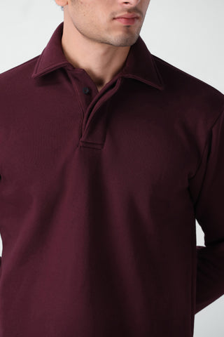 Cotton Polo Sweatshirt in Burgundy
