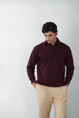 Cotton Polo Sweatshirt in Burgundy