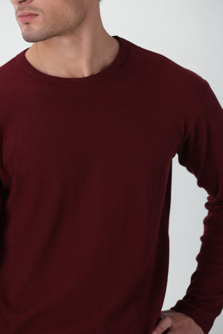Waffle Textured Long Sleeves T-shirt in Maroon