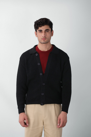 Cardigan Knitted Collared Jumper in Ink Black