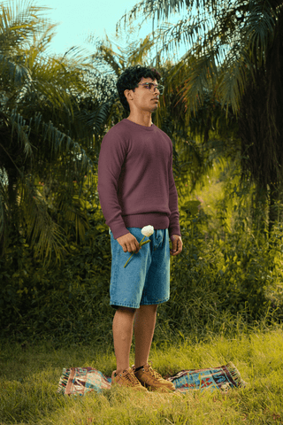 Furry Crew Neck Knitted Jumper in Burgundy - AttirSWEATER