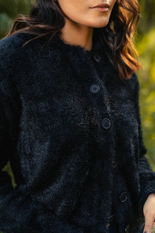 Furry Knitted Collared Cardigan in Ink Black - AttirCARDIGAN