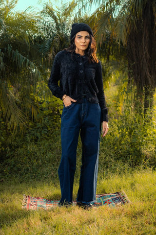 Furry Knitted Collared Cardigan in Ink Black - AttirCARDIGAN