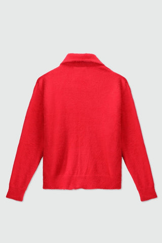 Furry Knitted Collared Cardigan in Scarlet Red - AttirCARDIGAN