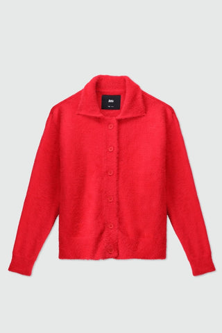 Furry Knitted Collared Cardigan in Scarlet Red - AttirCARDIGAN