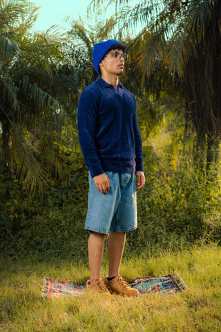 Furry Knitted Polo Jumper in Navy - AttirPOLOSWEATER
