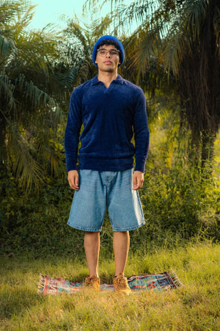 Furry Knitted Polo Jumper in Navy - AttirPOLOSWEATER