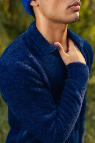Furry Knitted Polo Jumper in Navy - AttirPOLOSWEATER
