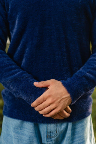 Furry Knitted Polo Jumper in Navy - AttirPOLOSWEATER