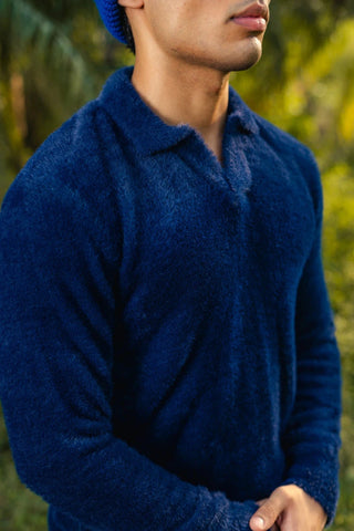 Furry Knitted Polo Jumper in Navy - AttirPOLOSWEATER