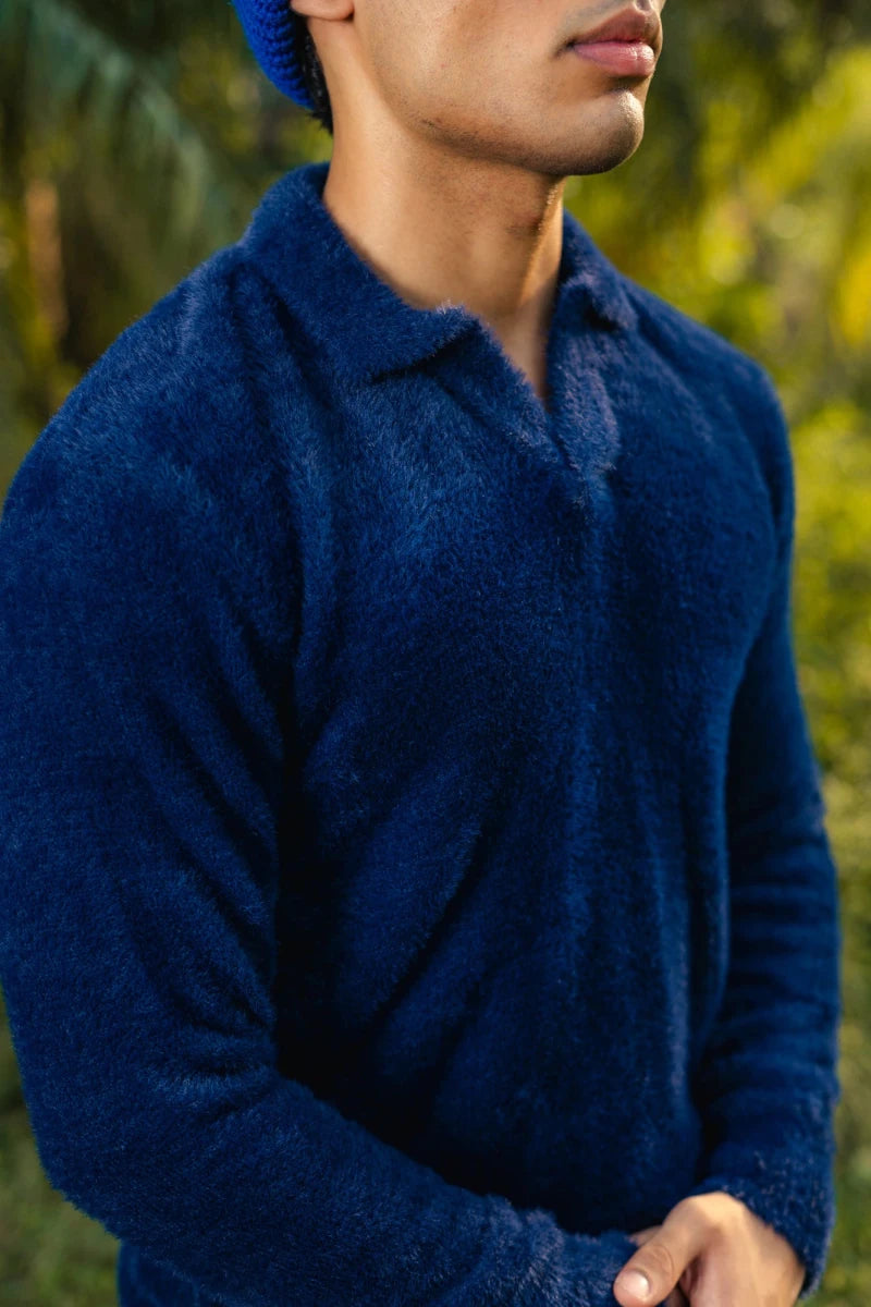 Furry Knitted Polo Jumper in Navy