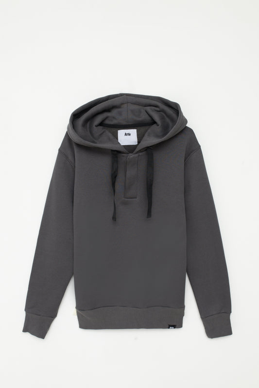 Hoodie with Buttoned Slit in Charcoal