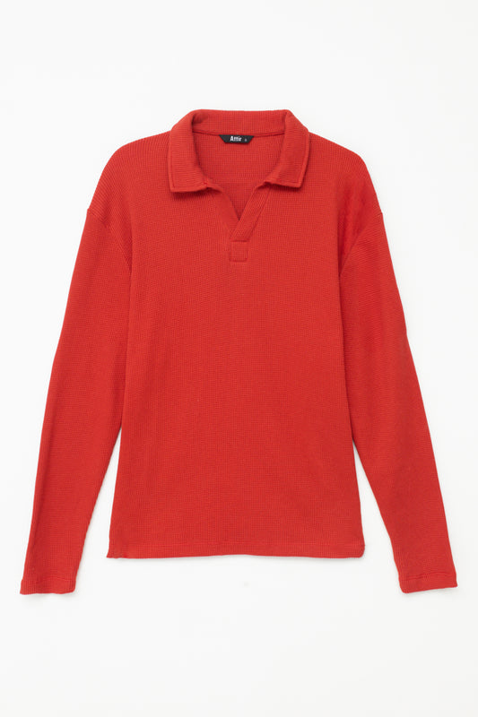 Waffle-knit Revere Polo in Crimson Red