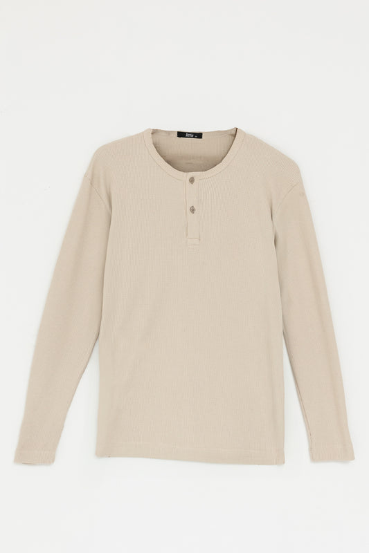 Waffle-knit Henley in Cream