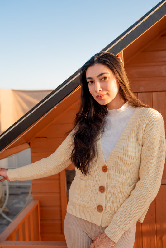 Fluffy Rib Knitted Cardigan in Cream