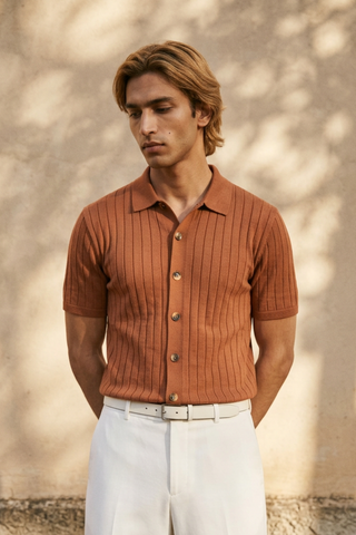 Tuck-Knit Button-Up Polo in Rust Orange