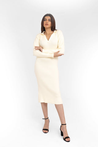 Knit Polo Dress in Ivory - AttirDRESS