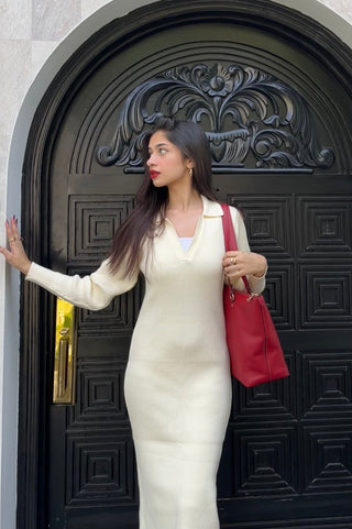Knit Polo Dress in Ivory - AttirDRESS
