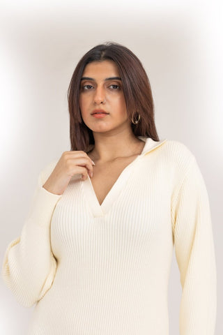Knit Polo Dress in Ivory - AttirDRESS