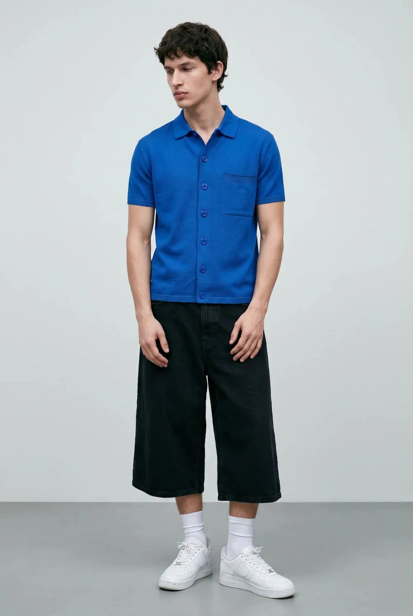Knitted Button-Up Polo in Deep Blue