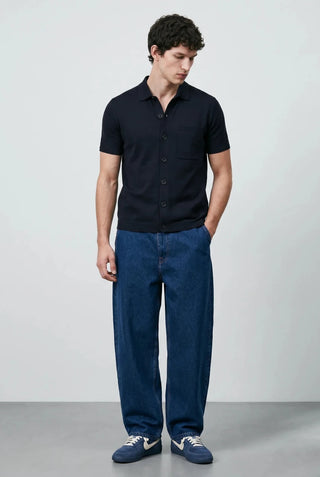 Knitted Button - Up Polo in Ink Black - AttirSHIRT