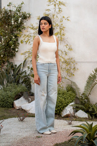 Knitted Square Neck Camisole Top in Cream - AttirTOP