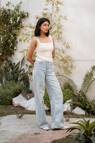 Knitted Square Neck Camisole Top in Cream - AttirTOP