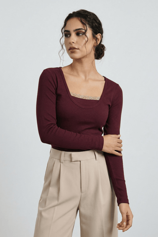 Lace - detail Top in Burgundy - AttirTOP