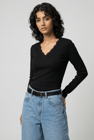 Lace - detail V - neck Top in Black - AttirTOP