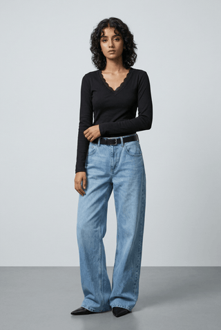 Lace - detail V - neck Top in Black - AttirTOP