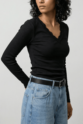 Lace - detail V - neck Top in Black - AttirTOP