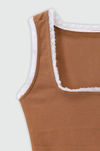 Lace Layer Square Neck Tank Top in Light Brown - AttirTOP