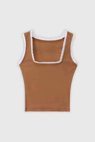 Lace Layer Square Neck Tank Top in Light Brown - AttirTOP